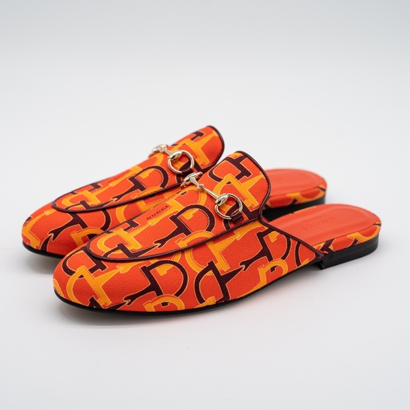 size 38.5G 8.5 US Gucci Princetown Horsebit Print Orange Mules Slip On - Picture 1 of 11